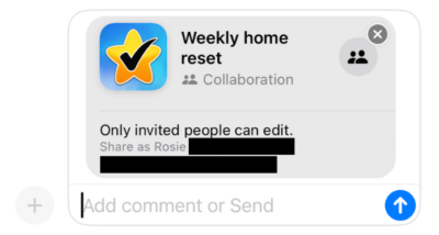 Messages screen with invitation to share list