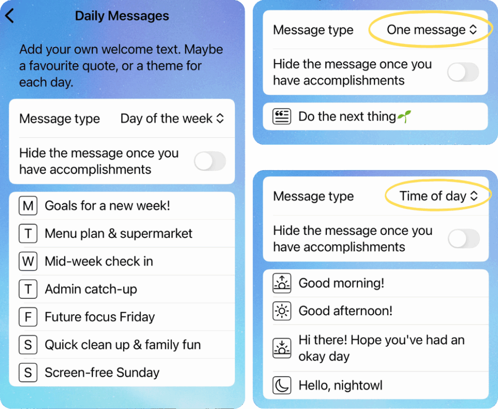 Three types of daily messages to choose from