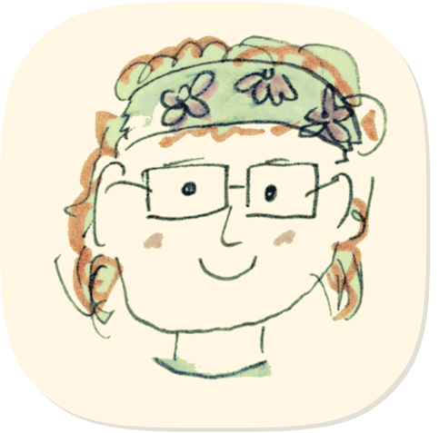 Drawing of a friendly face wearing a floral fabric head-band